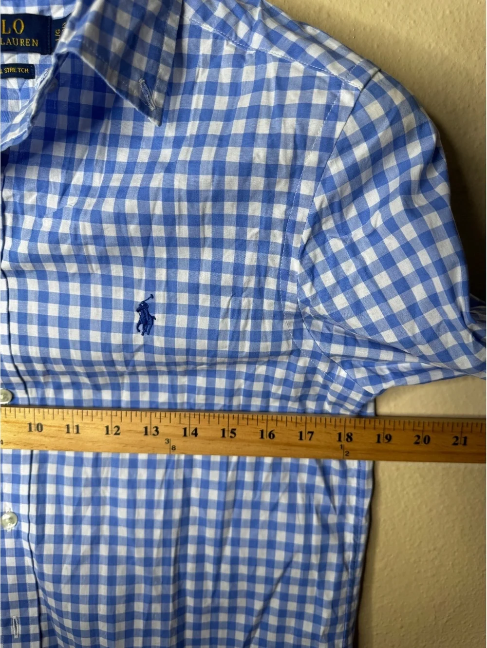 Polo Ralph Lauren Boys L 14-16 Button Up Shirt Blue Gingham Cotton Stretch